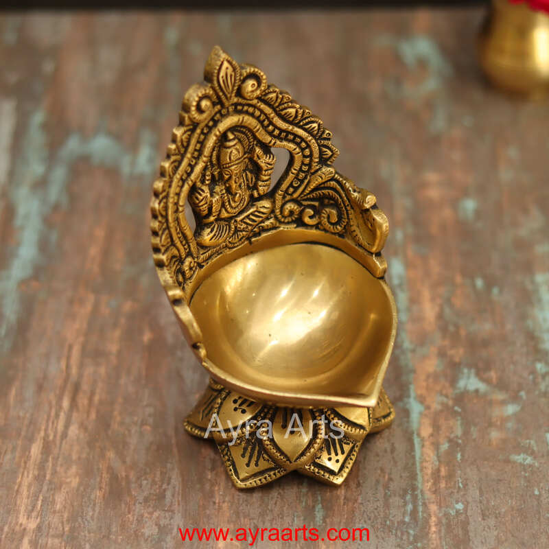 Brass Ganesh Lotus Shaped Wick Lamp for Home Puja and Decor - 6 Inch Height