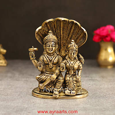 Brass Lakshmi Sametha Vishnu Murthi Idol Sitting On Sheshanag - 5.5 Inch Height