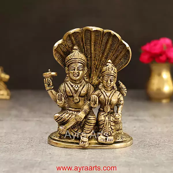 Brass Lakshmi Sametha Vishnu Murthi Idol Sitting On Sheshanag - 5.5 Inch Height