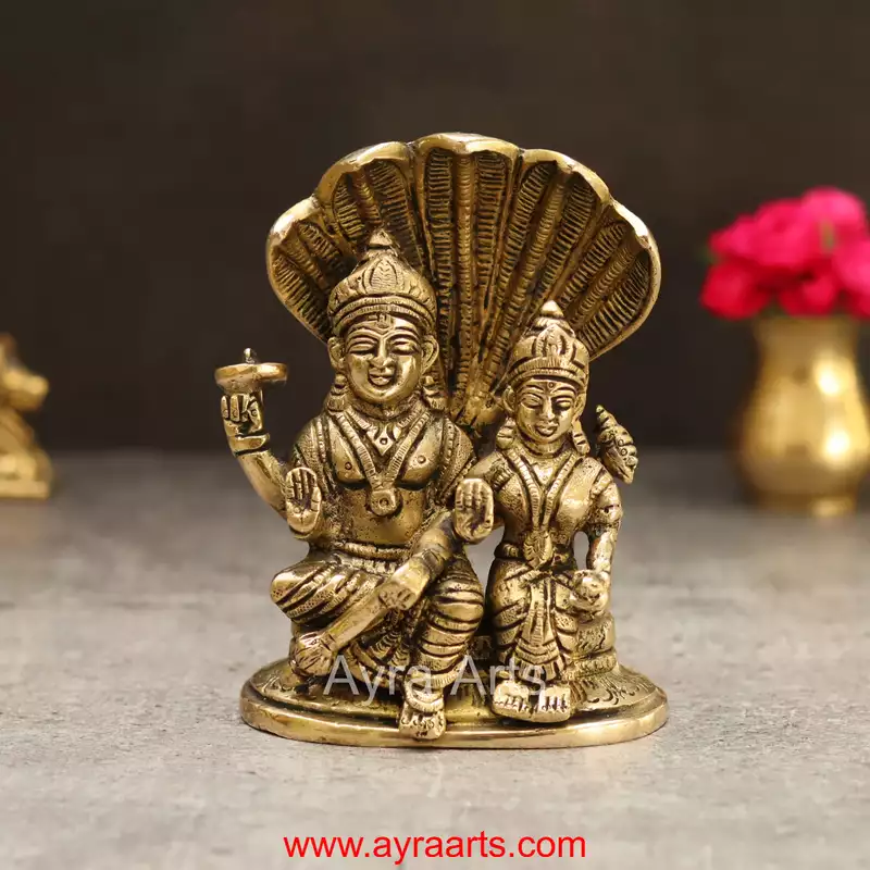 Brass Lakshmi Sametha Vishnu Murthi Idol Sitting On Sheshanag - 5.5 Inch Height