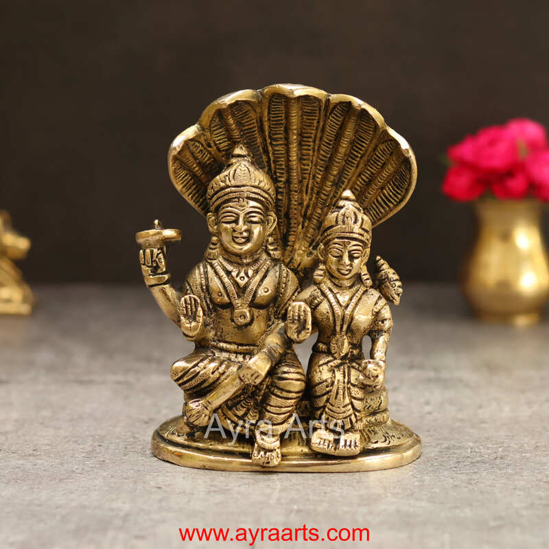 Brass Lakshmi Sametha Vishnu Murthi Idol Sitting On Sheshanag - 5.5 Inch Height