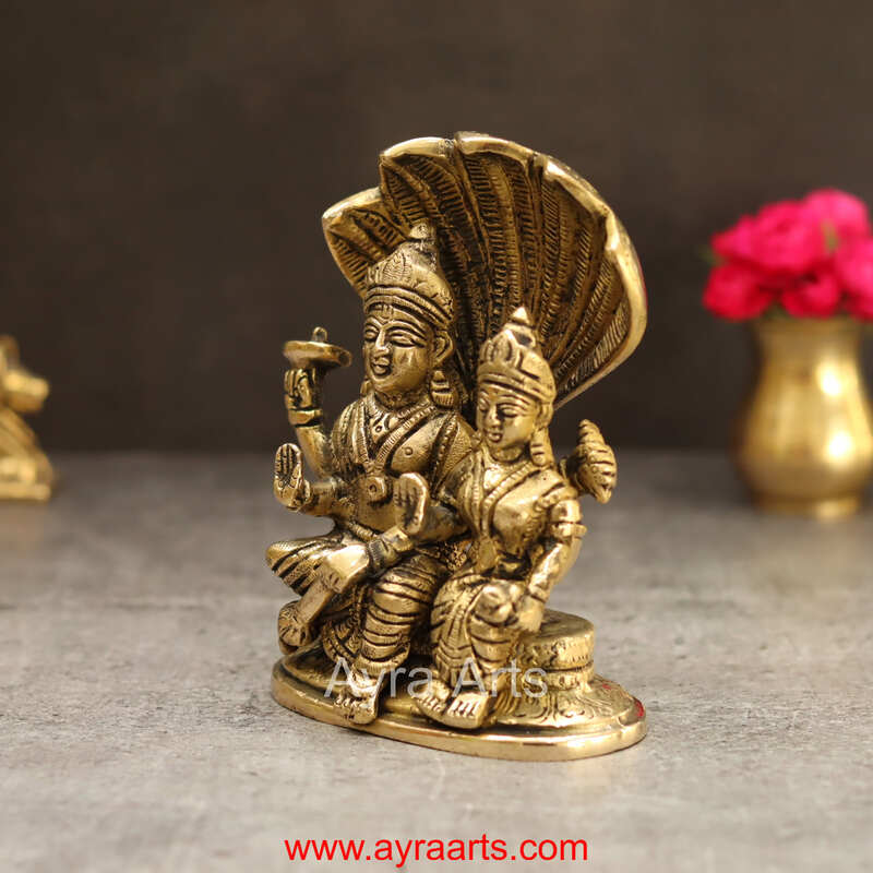 Brass Lakshmi Sametha Vishnu Murthi Idol Sitting On Sheshanag - 5.5 Inch Height