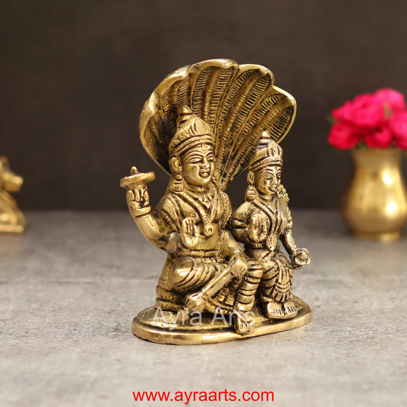 Brass Lakshmi Sametha Vishnu Murthi Idol Sitting On Sheshanag - 5.5 Inch Height