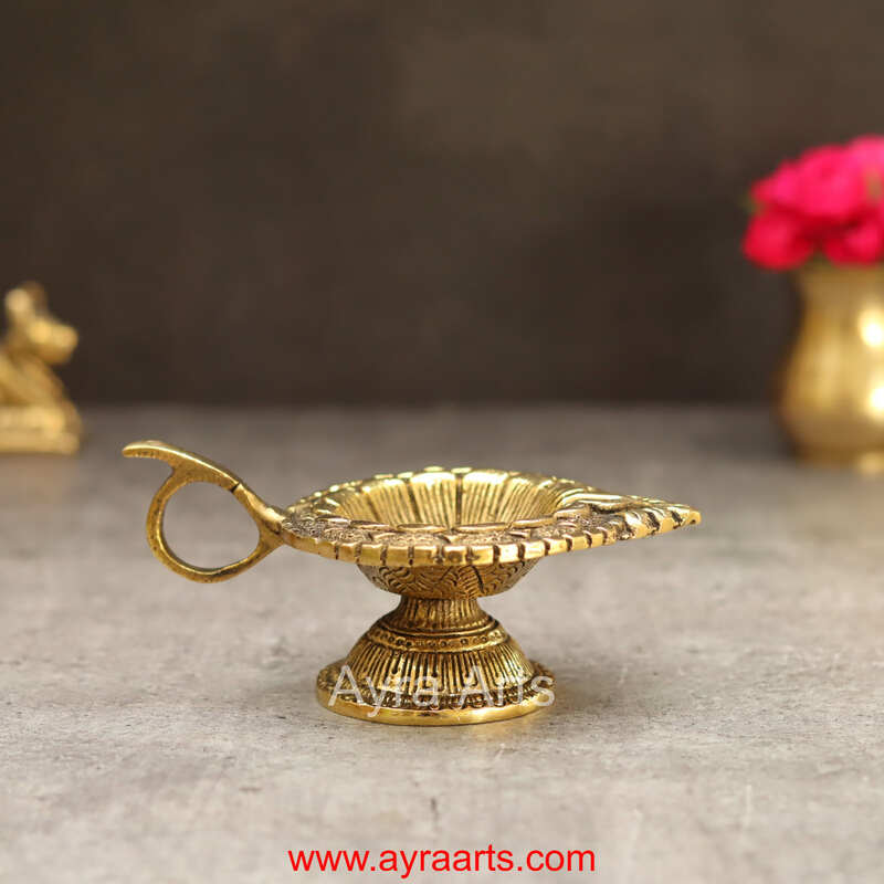 Brass Ethnic AUM/OM Deepak Diya with Handle Holder - 2.5 inch Height