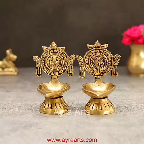 Brass Shankh Chakra Diya Vilakku Set for Puja - 4 Inch Height