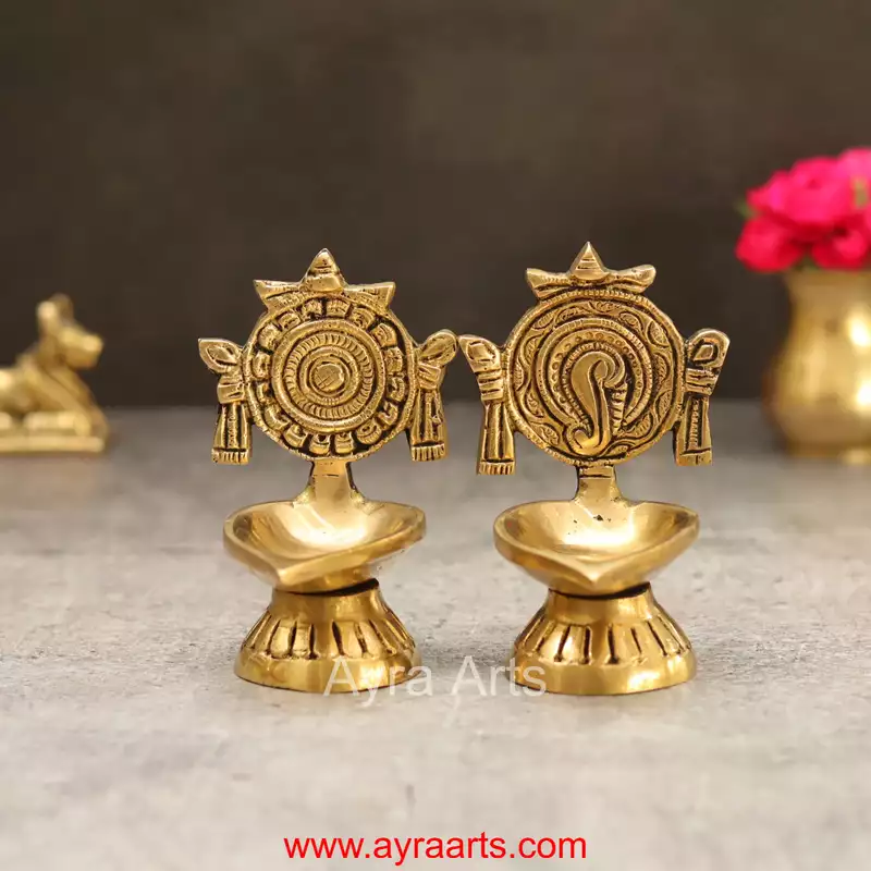 Brass Shankh Chakra Diya Vilakku Set for Puja - 4 Inch Height