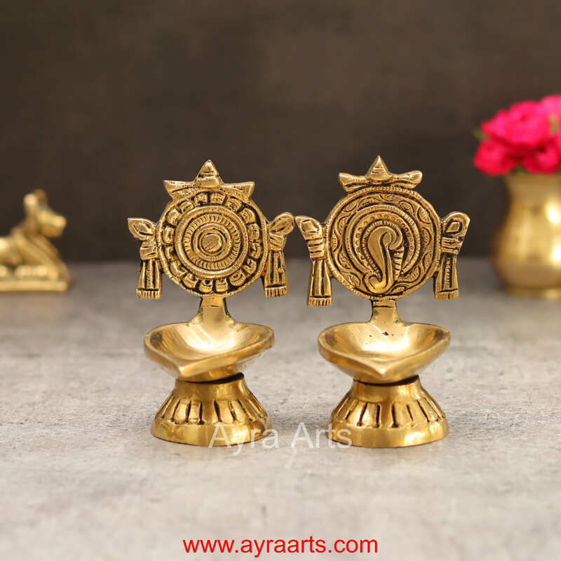 Brass Shankh Chakra Diya Vilakku Set for Puja - 4 Inch Height