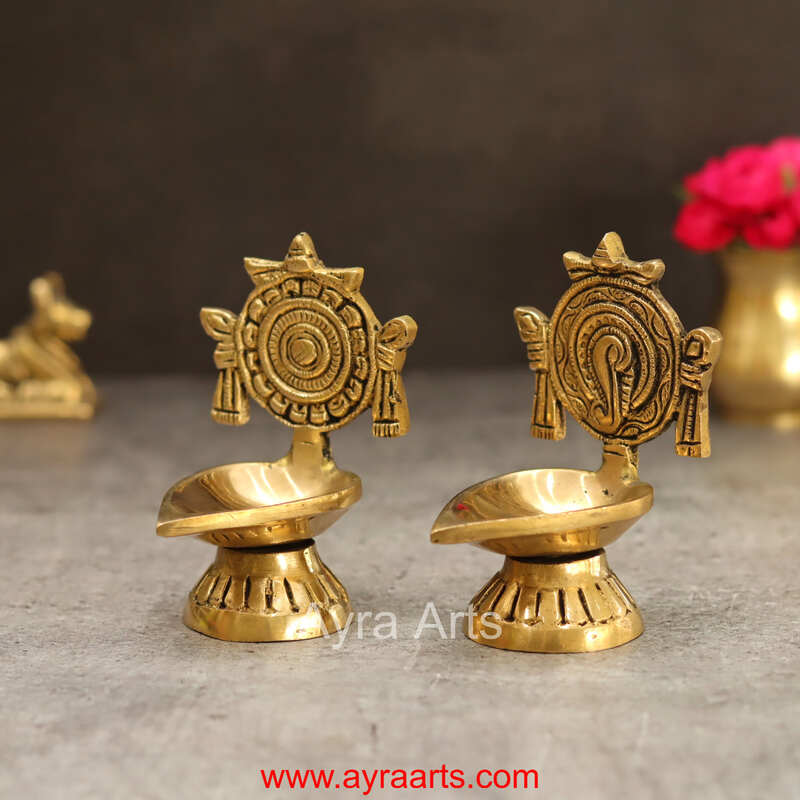 Brass Shankh Chakra Diya Vilakku Set for Puja - 4 Inch Height