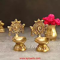 Brass Shankh Chakra Diya Vilakku Set for Puja - 4 Inch Height