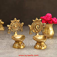 Brass Shankh Chakra Diya Vilakku Set for Puja - 4 Inch Height