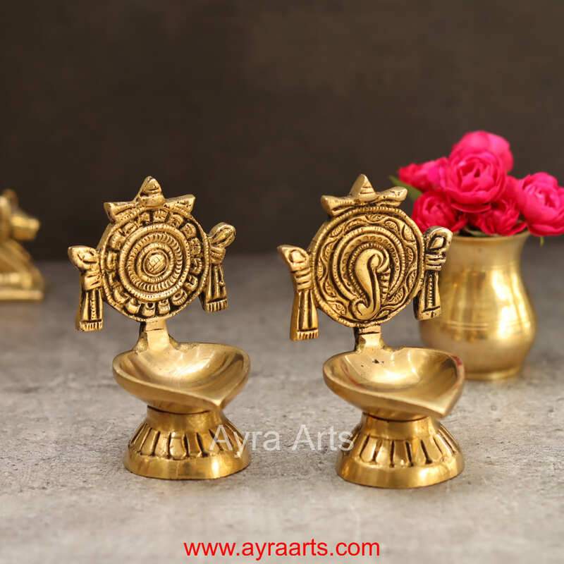 Brass Shankh Chakra Diya Vilakku Set for Puja - 4 Inch Height