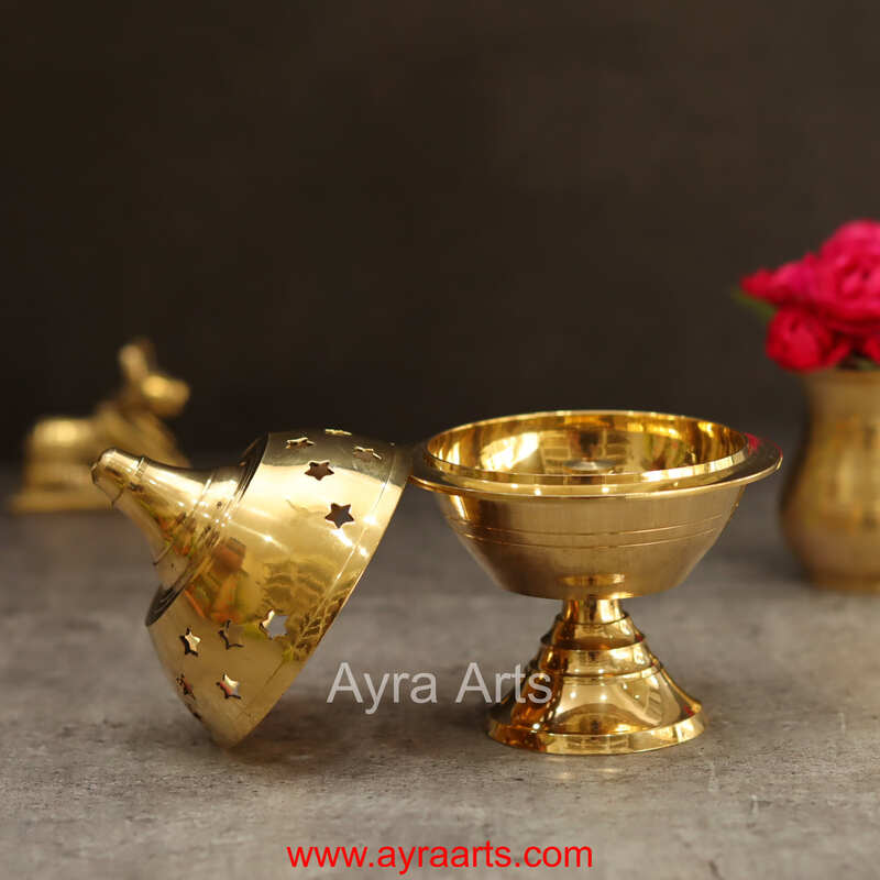 Brass Akhand Diya Jali Deepam Vilakku for Navratri Puja Tulsi Plant Wind Shield Deep - 5 Inch Height