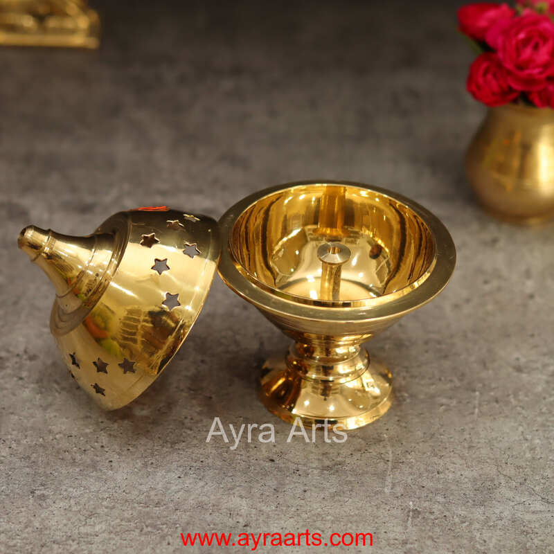 Brass Akhand Diya Jali Deepam Vilakku for Navratri Puja Tulsi Plant Wind Shield Deep - 5 Inch Height