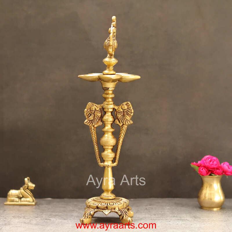 Brass Peacock Five Wick Diya Intricately Carved Oil Lamp for Home Temple Decor - 12.5 Inch Height