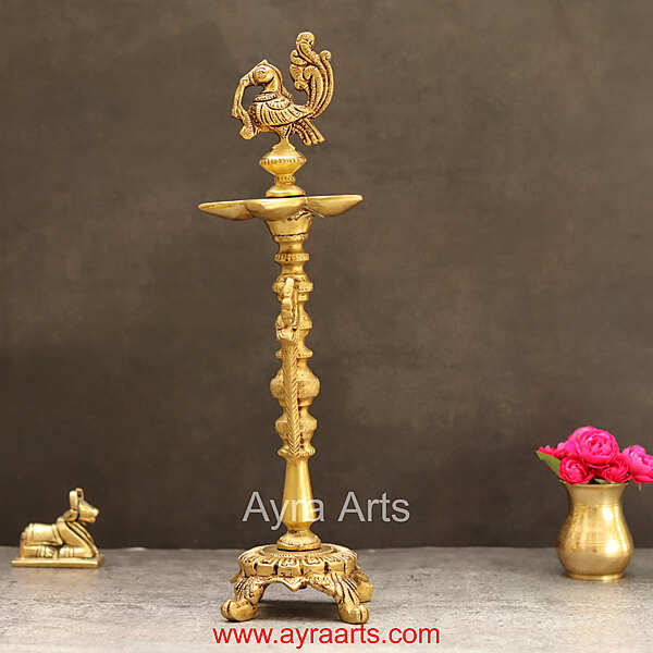 Brass Peacock Five Wick Diya Intricately Carved Oil Lamp for Home Temple Decor - 12.5 Inch Height
