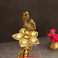 Brass Peacock Five Wick Diya Intricately Carved Oil Lamp for Home Temple Decor - 12.5 Inch Height