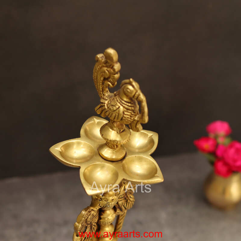 Brass Peacock Five Wick Diya Intricately Carved Oil Lamp for Home Temple Decor - 12.5 Inch Height
