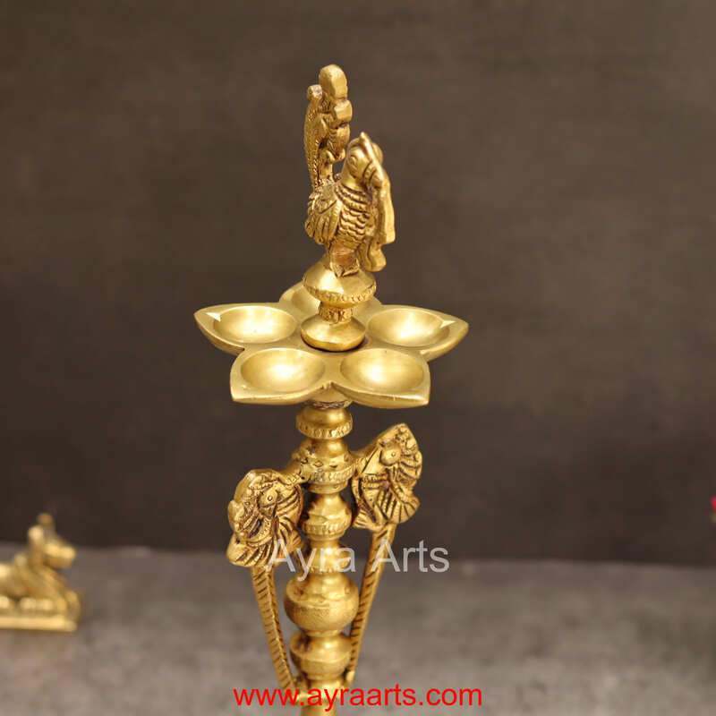 Brass Peacock Five Wick Diya Intricately Carved Oil Lamp for Home Temple Decor - 12.5 Inch Height