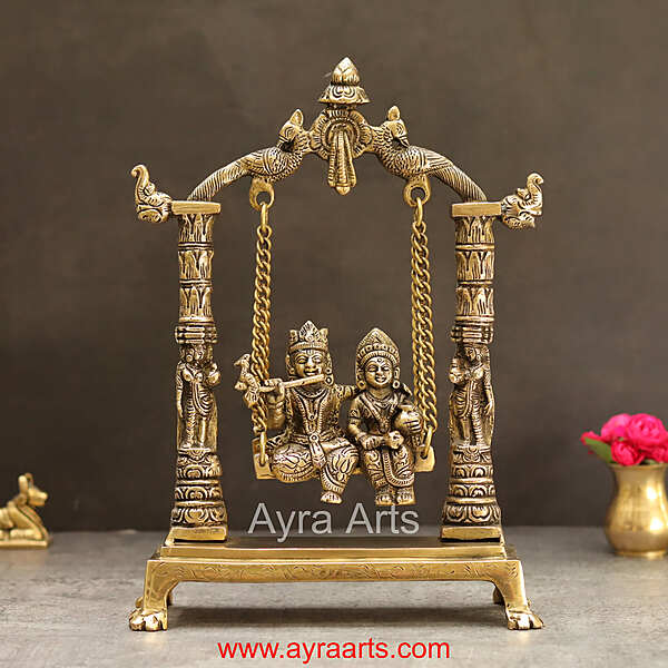 Brass Radhakrishna Jhula - 12 inch Height | Divine Brass Radhakrishna Statue on Jhula for Devotion