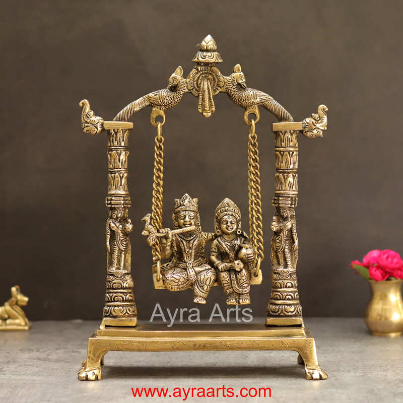 Brass Radhakrishna Jhula - 12 inch Height | Divine Brass Radhakrishna Statue on Jhula for Devotion