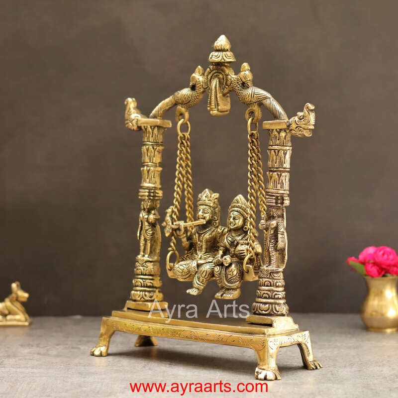 Brass Radhakrishna Jhula - 12 inch Height | Divine Brass Radhakrishna Statue on Jhula for Devotion