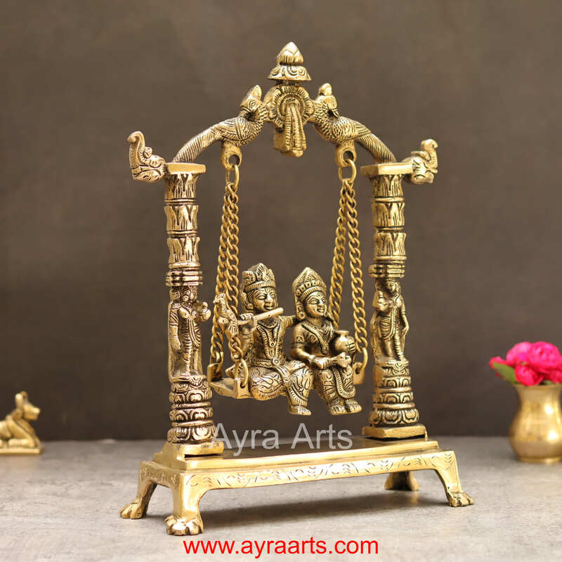 Brass Radhakrishna Jhula - 12 inch Height | Divine Brass Radhakrishna Statue on Jhula for Devotion