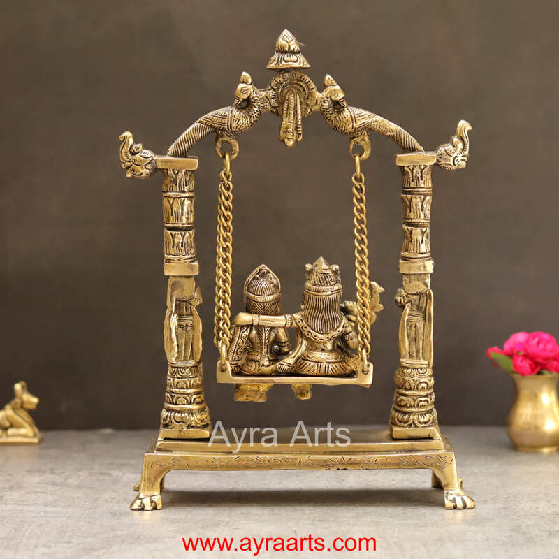 Brass Radhakrishna Jhula - 12 inch Height | Divine Brass Radhakrishna Statue on Jhula for Devotion