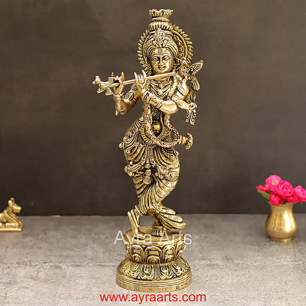 Divine Superfine Brass Lord Krishna Idol for Gifting and Puja - 14 Inch Height