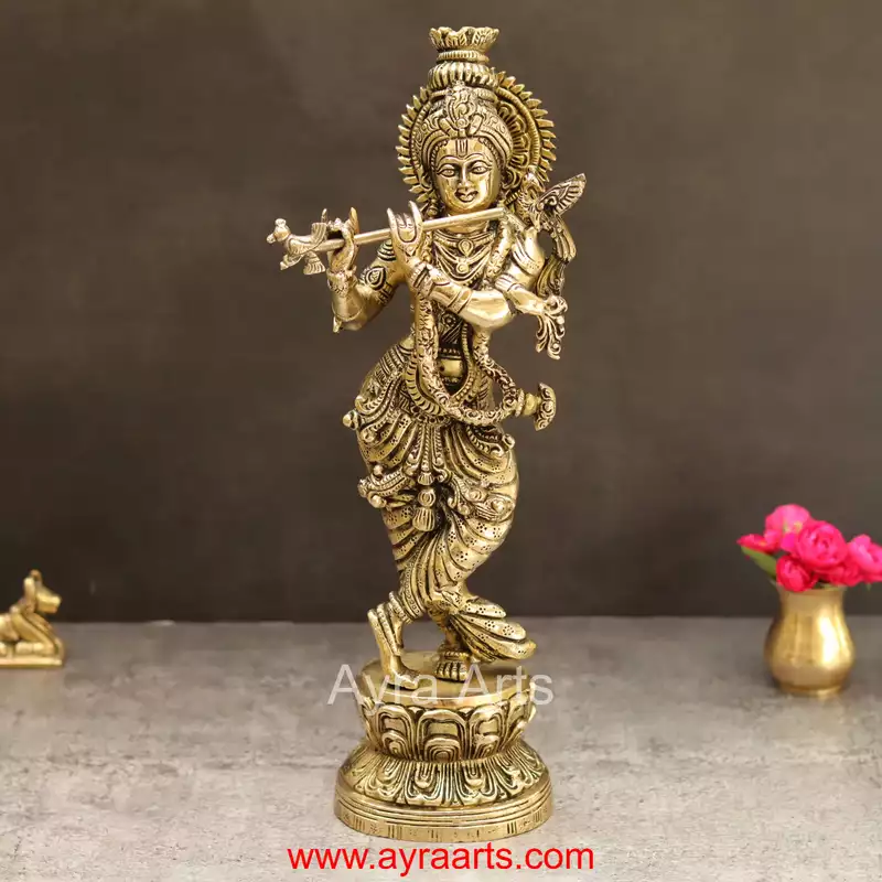 Divine Superfine Brass Lord Krishna Idol for Gifting and Puja - 14 Inch Height