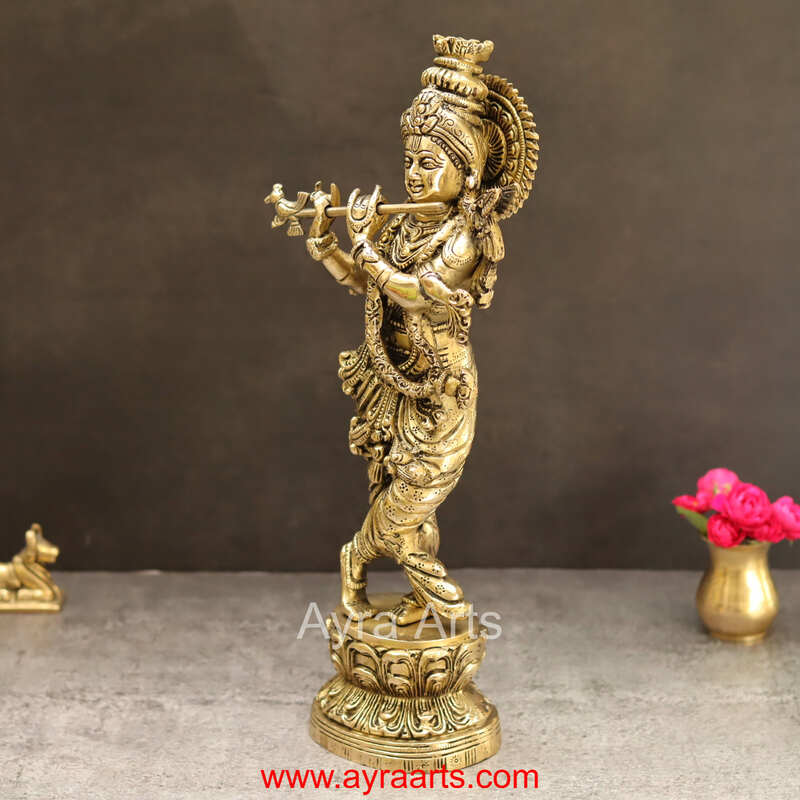 Divine Superfine Brass Lord Krishna Idol for Gifting and Puja - 14 Inch Height