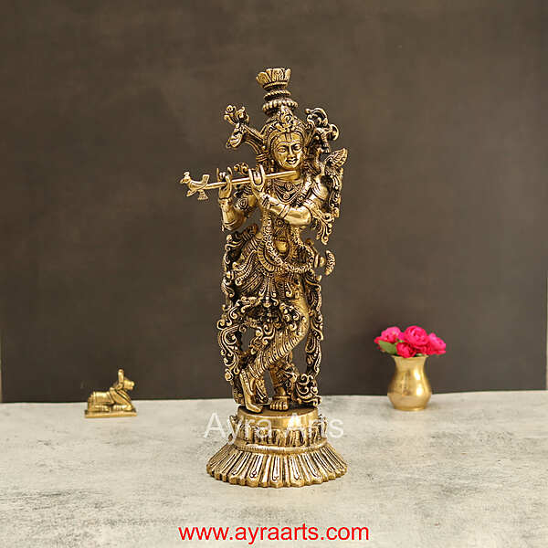 Lord Krishna Handmade Brass Art - 14.5 Inch Height