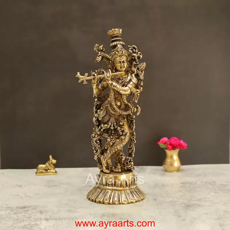 Lord Krishna Handmade Brass Art - 14.5 Inch Height