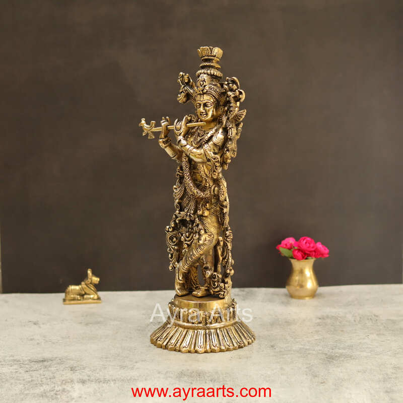 Lord Krishna Handmade Brass Art - 14.5 Inch Height