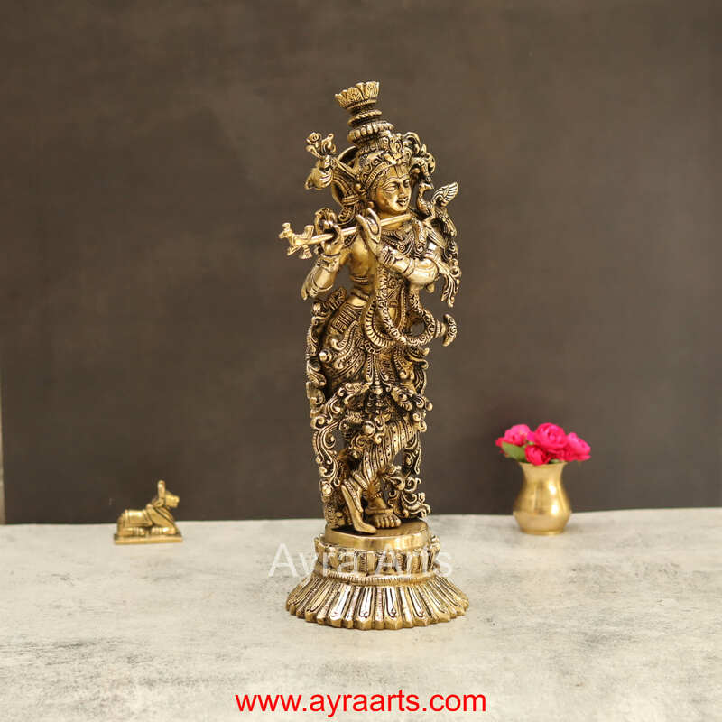 Lord Krishna Handmade Brass Art - 14.5 Inch Height