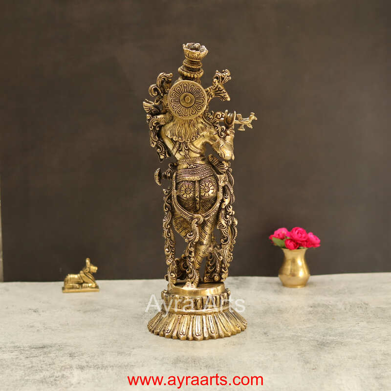 Lord Krishna Handmade Brass Art - 14.5 Inch Height