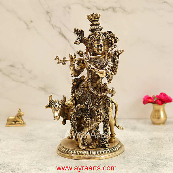 Brass Lord Krishna with Cow Idol Figurine Murti for Home Temple Mandir - 13 Inch Height