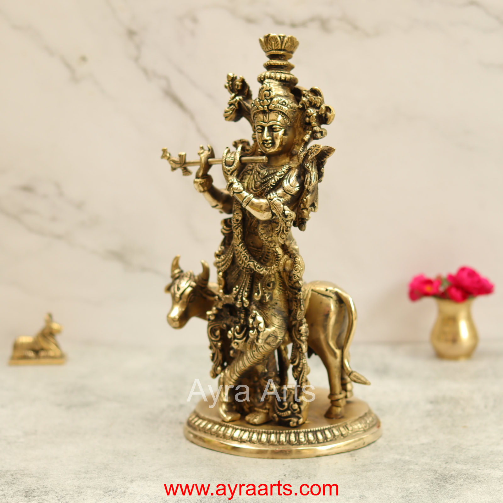 Brass Lord Krishna with Cow Idol Figurine Murti for Home Temple Mandir - 13 Inch Height