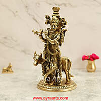 Brass Lord Krishna with Cow Idol Figurine Murti for Home Temple Mandir - 13 Inch Height