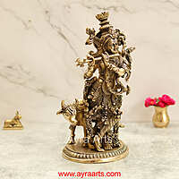 Brass Lord Krishna with Cow Idol Figurine Murti for Home Temple Mandir - 13 Inch Height