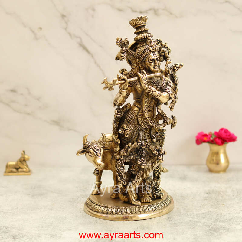 Brass Lord Krishna with Cow Idol Figurine Murti for Home Temple Mandir - 13 Inch Height