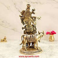 Brass Lord Krishna with Cow Idol Figurine Murti for Home Temple Mandir - 13 Inch Height