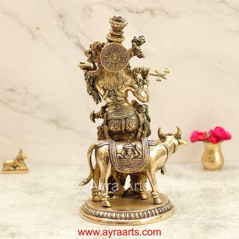 Brass Lord Krishna with Cow Idol Figurine Murti for Home Temple Mandir - 13 Inch Height