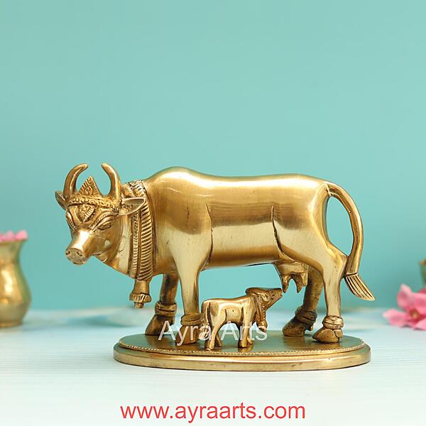 Brass Kamdhenu Cow And Calf - 4.5 Inch Height