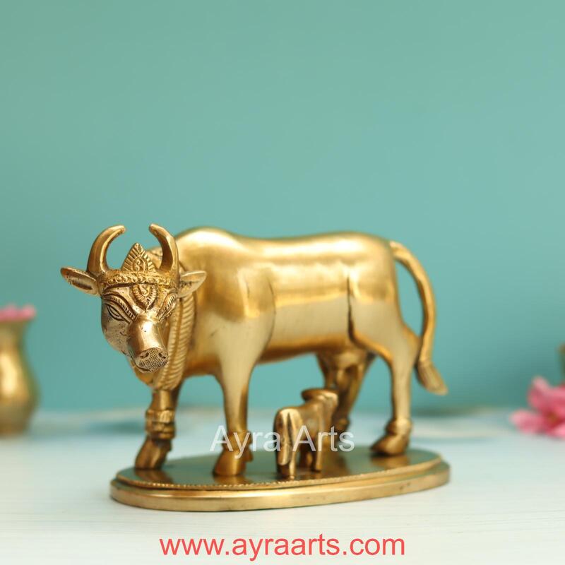 Brass Kamdhenu Cow And Calf - 4.5 Inch Height