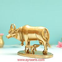 Brass Kamdhenu Cow And Calf - 4.5 Inch Height
