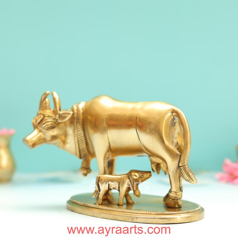 Brass Kamdhenu Cow And Calf - 4.5 Inch Height