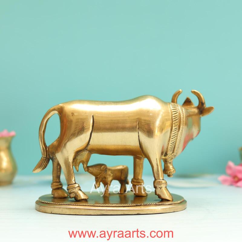 Brass Kamdhenu Cow And Calf - 4.5 Inch Height