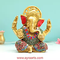 Divine Brass Ganesha Idol in Stone Work - 6.8 Inch Height