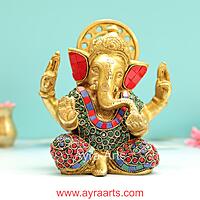Divine Brass Ganesha Idol in Stone Work - 6.8 Inch Height