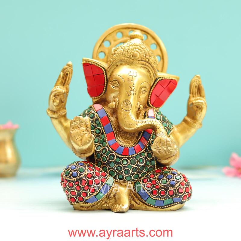 Divine Brass Ganesha Idol in Stone Work - 6.8 Inch Height